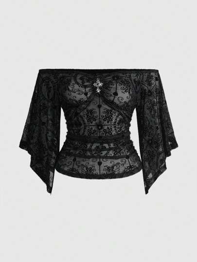 J-Fashion Top moulant à manches évasées et épaules dénudées en dentelle pour femmes