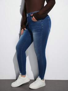 Maija Plus Size Distressed Skinny Stretch 7/8 Length Denim Jeans, Blue - Blue - View 6