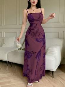 Modelyn Vestido casual de verano para mujer con estampado floral de malla, tirantes finos y volantes en la cintura - Burdeos - Ver 6