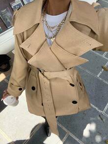 Muchica 女士时尚优雅双排扣束带风衣法式风衣女装风衣秋冬女装风衣 - 卡其色 - 查看 4
