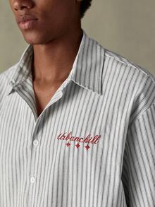 SWAVVY Men's Woven Letter Embroidered Striped Short Sleeve Casual Shirt Men Casual Shirt Chill Vibe Shirt Streetwear Men Shirt Striped Men Shirt Casual Striped Shirt - White - View 4