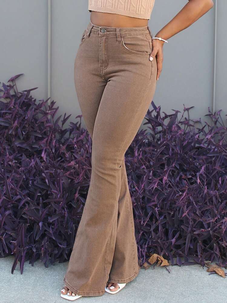 Steph T Women's Casual Flare Jeans With Side Pockets - Brown - View 6