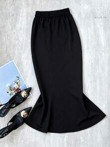 Franclia Elegant Plus Size Black Woven Fabric Long Mermaid Skirt With Graphic Embroidery Detail - Black - View 2