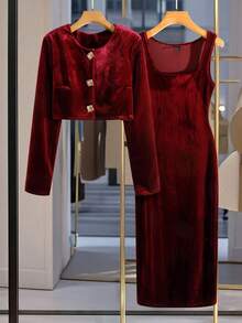 Modelyn 天鹅绒圆领长袖开襟短款外套背心无袖收腰修身连衣裙优雅奢华女士套装 - 酒紅色 - 查看 2