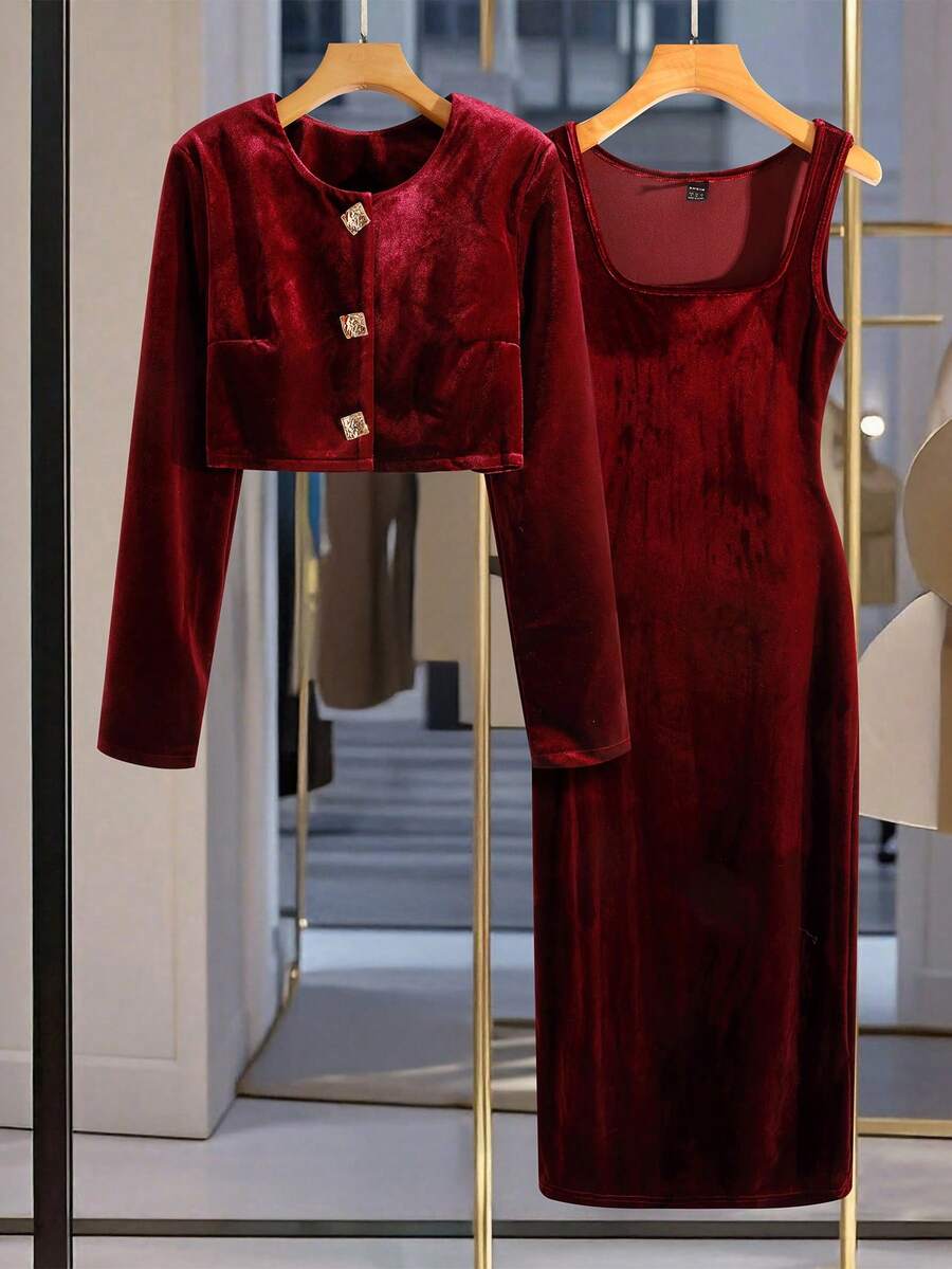 Modelyn 天鹅绒圆领长袖开襟短款外套背心无袖收腰修身连衣裙优雅奢华女士套装