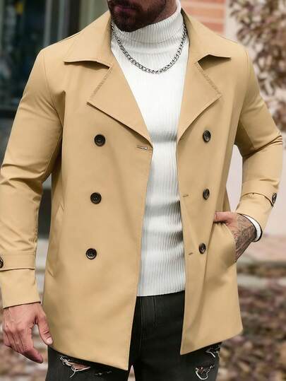 Manfinity CasualCool Palton trench casual cu buzunar, culoare solidă, cu rever, guler dublu, stil bărbătesc, toamnă, palton lung alb cu dublu nasture, bani vechi, timp liber zilnic, excursii de weekend, activități în aer liber, expediții de călătorie, medii de lucru relaxate sau ocazii semi-formale, cadou pentru iubit/soț, cadou de aniversare/zi de naștere, petrecere, Crăciun, Anul Nou, nuntă