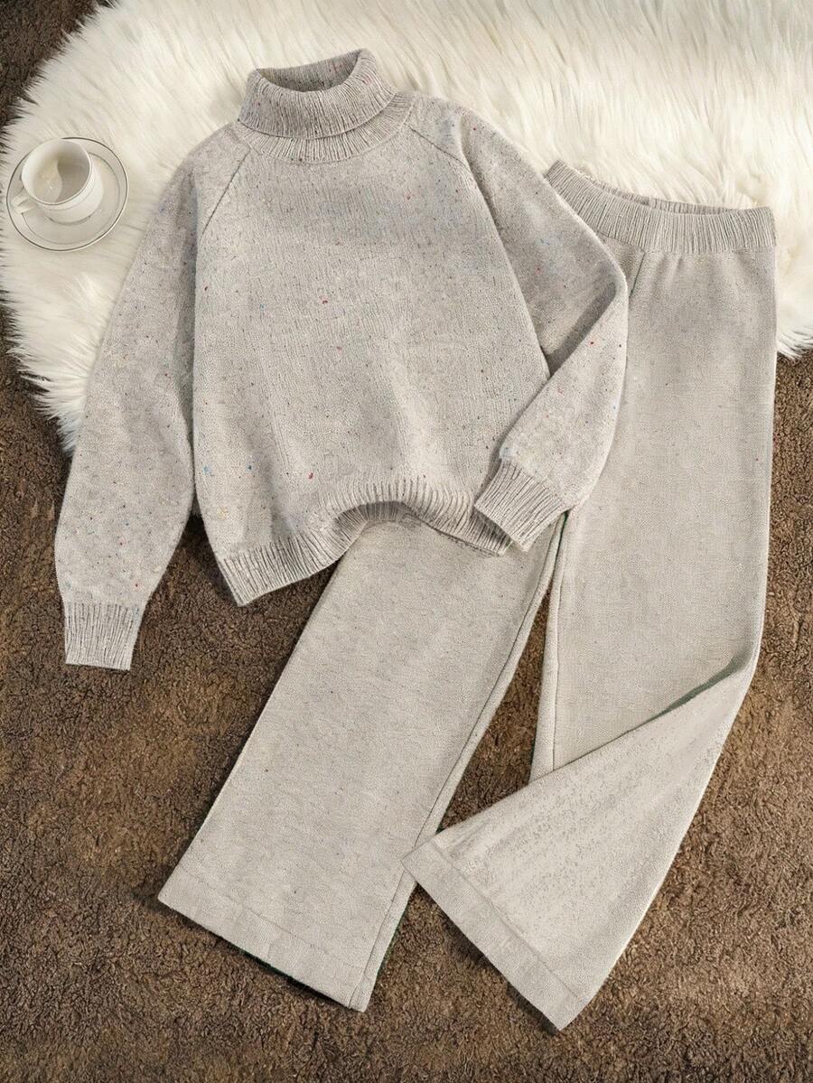 Sparklyn 少女斑点针织毛衣和直筒裤两件套，宽松高领，适合秋冬季、休闲外出和节日聚会。 - 卡其色 - 查看 1