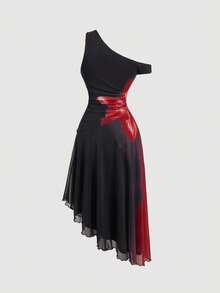 SHEIN MOD 大码女式复古红色花卉针织连衣裙，女式黑色长裙，舞会礼服，连衣裙，派对，夏季 - 黑色 - 查看 5