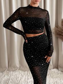 Lavishia Conjunto de 2 piezas de ropa de mujer con tela de rejilla y decoración de strass, versátil negro, adecuado para salidas de otoño/invierno - Negro - Ver 5