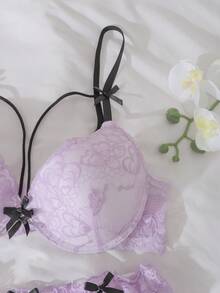 DelicateAllure Set de 2 sujetadores con aros y relleno, push up, con bloqueo de color, parches de encaje, volantes, encaje floral, lindo y fresco conjunto de lencería cómoda tipo balconette para mujeres - Púrpura malva - Ver 3