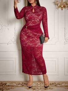 Roveilla Plus Size Women's Elegant Burgundy Autumn Lace Bodycon Maxi Dress,V-Neck Hollow Twist Luxury Cocktail Party Birthday Evening Curve Dress - Burgundy - View 5