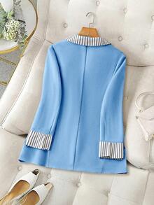 GlowEve CURVE Plus Size Women Striped Patchwork Button Long Sleeve Casual Blazer Jacket, Suitable For Commuting Graduation,Back To School,Teacher Outfits For Women Winter Fall Autumn - Blue - View 2