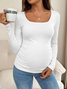 SHEIN 孕妇纯色简约长袖T恤，日常孕妇装 - 淺粉色 - 查看 8