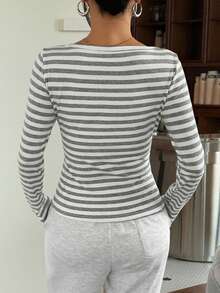 CovetEZ Women's New Arrivals Cotton-Feel Striped Half-Zip T-Shirt