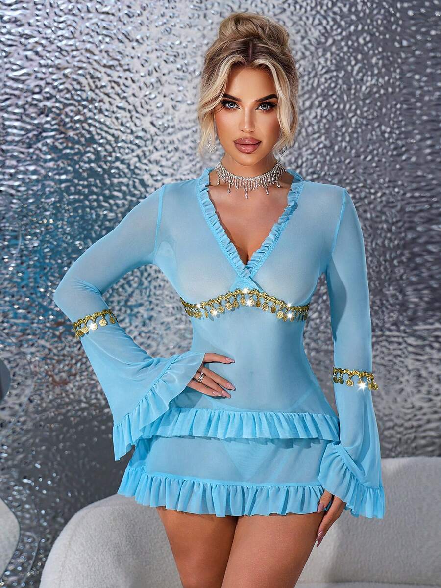 Set de 2 camisones sexy con mangas con volantes y decoración de cadena dorada glamorosa - Azul - Ver 1