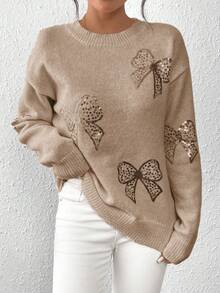 SHEIN LUNE Crew Neck Pullover Autumn/Winter Top, Pink Butterfly Beaded Embroidery Sweater - Camel - View 3