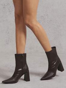 SHUZIA 女士时尚舒适弹力PU踝高跟短靴 - 棕色 - 查看 4