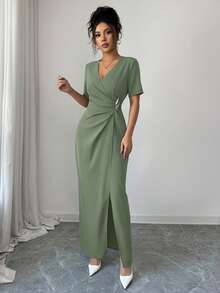 Elenzga Women's Elegant Solid Color Wrap Long Dress For Commuting - Olive Green - View 6