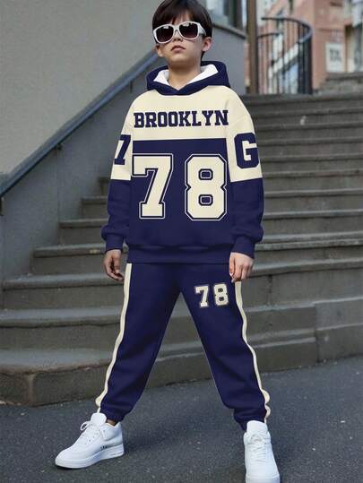 2pcs Tween Boy Casual Minimalist Long Sleeve Hoodie Set, Suitable For Autumn/Winter, Classic City Name Text Print, Number 78 Text Print, G7 Text Print, Classic Sports Style Graphic Print