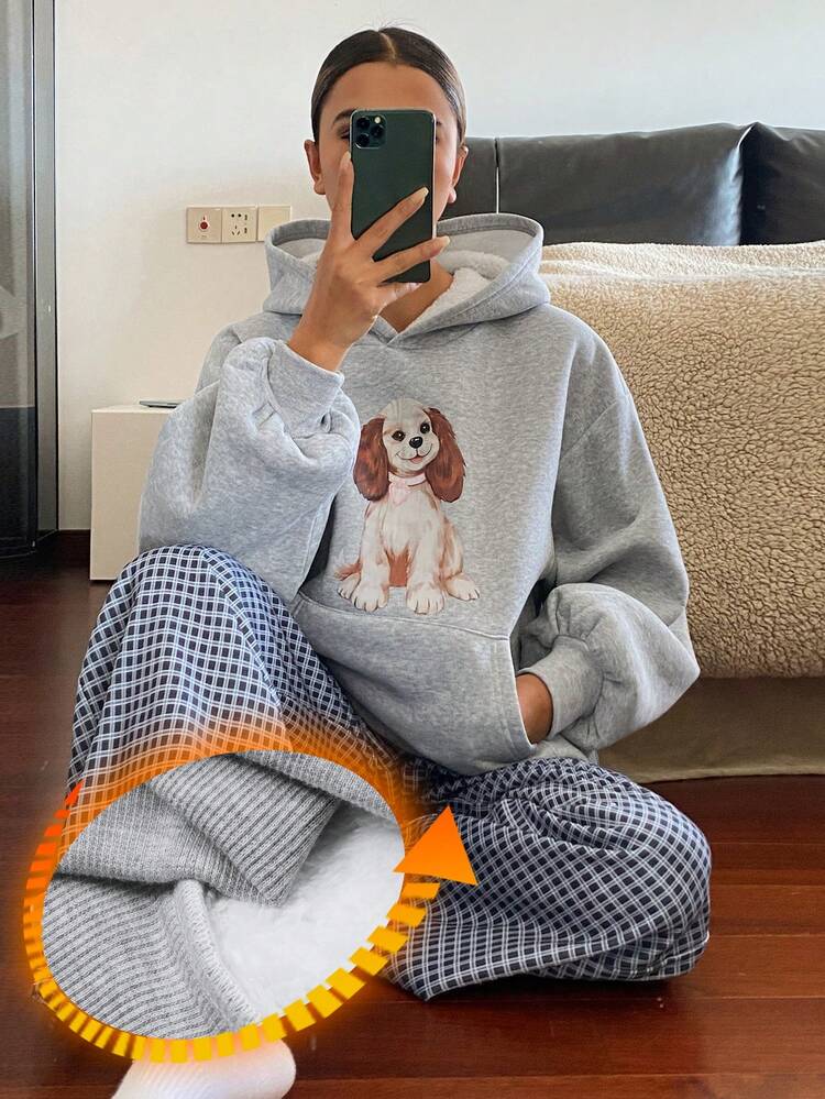 Women's Dog Print Fleece Sweatshirt Top And Plaid Pajama Pants Set, Winter