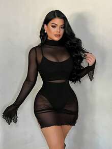 SHEIN SXY 时尚性感透视网纱立领喇叭袖迷你连衣裙 - 黑色 - 查看 4