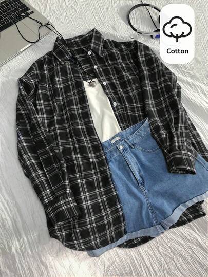 Elamini Vintage Plaid Preppy Style Loose Fit Women Blouse, Fashionable And Versatile For Autumn/Winter Women Shirt