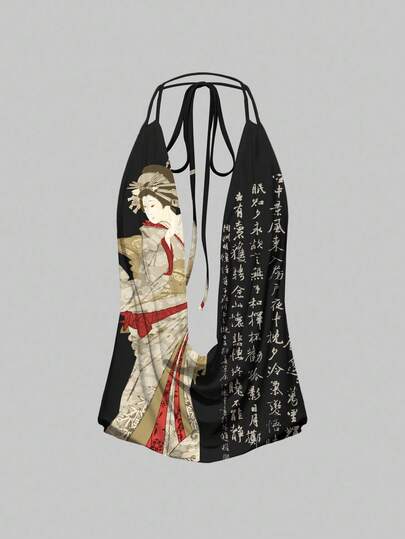 ROMWE Avant Canotta da donna con schiena scoperta, collo alla coreana, con fiocco e stampa di calligrafia e slogan cinesi