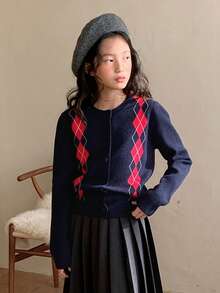 DAZY 少女日常通勤学院风菱格纹纽扣开衫，秋冬款 - 藏蓝色 - 查看 2