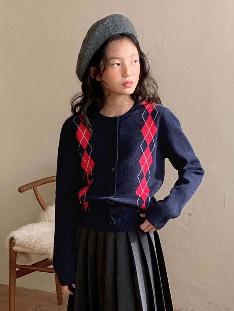 Tween Girl Casual Everyday Commute Collegiate Argyle Pattern Button-Up Cardigan, Autumn/Winter