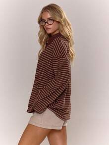 MUSERA Áo sơ mi dài tay cổ bẻ kẻ sọc dáng rộng, cài cúc, thích hợp cho mùa thu, ấm áp, dễ thương, thường ngày, đi cà phê, câu lạc bộ, mùa xuân, hè, ngày lễ. - Màu nâu Sô-cô-la - Xem 4