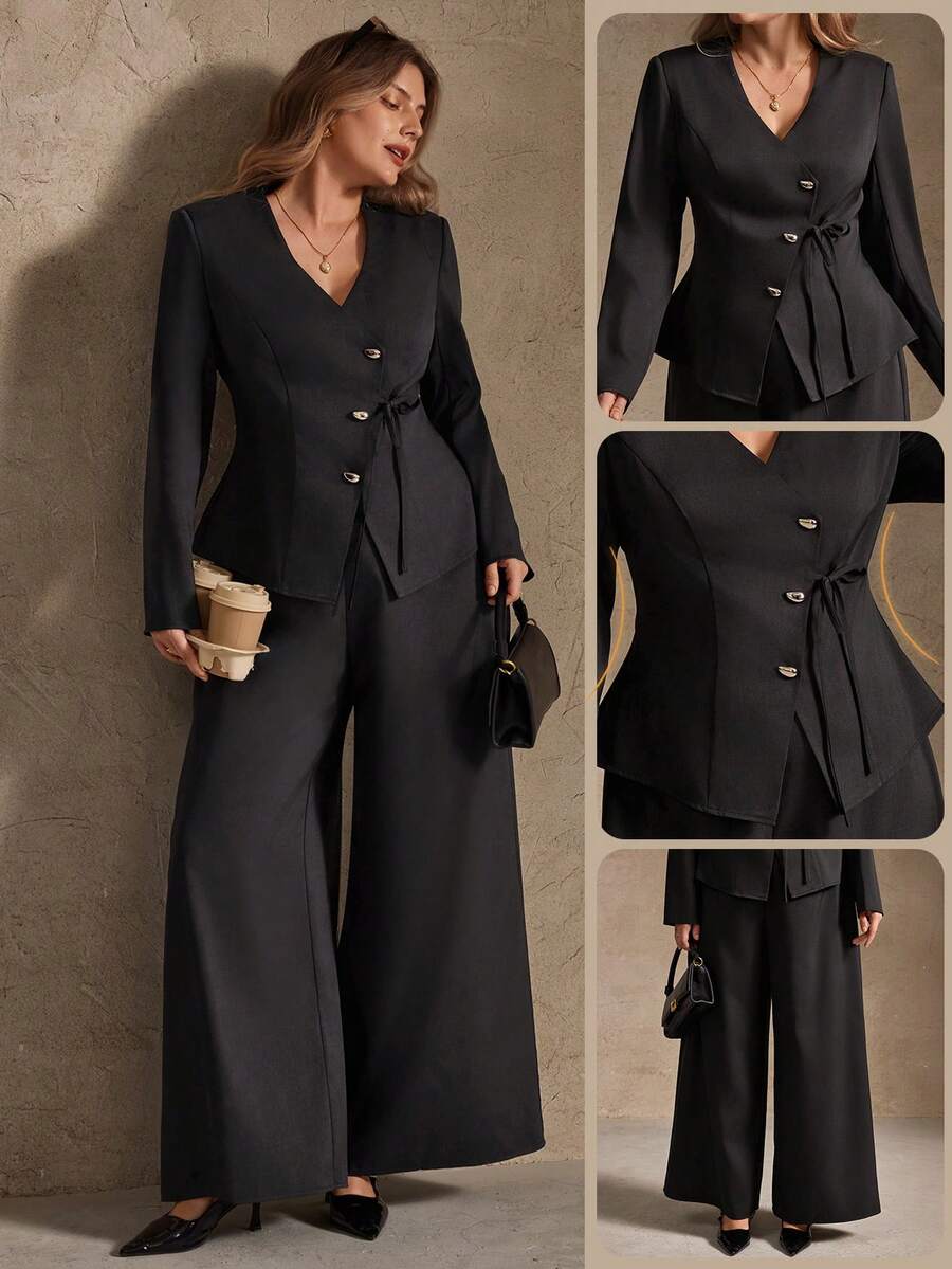 SHEIN LUNE 秋冬两件套加大码女式不规则金属扣肩带开衩背心裤套装，秋冬女士办公室穿搭，两件套女装，优雅老钱风女装 - 黑色 - 查看 1