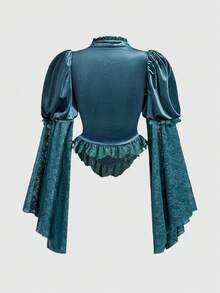 ROMWE Goth Áo cánh ren và nhung cổ đứng thanh lịch dành cho nữ - Màu xanh lam - Xem 2