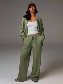 Athîral 休闲时尚百搭舒适宽松抽绳女式毛衣裤阔腿运动裤针织裤喇叭裤女式运动裤阔腿针织裤秋冬款 - 綠色 - 查看 3