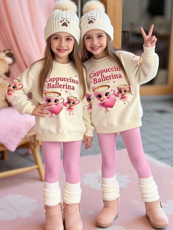 Autumn/Winter Girls' Cartoon Cute Kawaii Leopard Print Ribbon Bow Cup Ballerina Girl Heart Graphic Print Casual Pullover Sweatshirt And Leggings 2-Piece Outfit, Cozy Fall & Winter Styles
