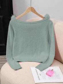 Franclia Fashionable Solid Color Patchwork Fur Collar Sweater, Autumn/Winter - Mint Green - View 2
