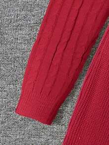 SHEIN 少女优雅圆领修身针织中长连衣裙，正面饰有撞色蝴蝶结，适合冬季穿着；纯红色长袖针织连衣裙 - 紅色 - 查看 6