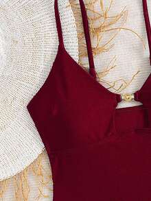 Swim Chiccia Women's Beach Summer Music Festival Spaghetti Strap Metal Jewelry Knotted Thong Mature Vacation Style Tankini Set - Burgundy - View 4