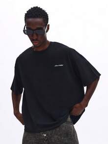 SUMWON Oversized Boxy Fit Cotton T-Shirt With Back Graphic Print Crew Neck Short Sleeves Casual Streetwear Top - Black - View 2