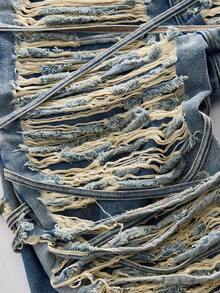 ROMWE MEN Street Life Men's Distressed Denim 3/4 Length Blue Shorts - Blue - View 4