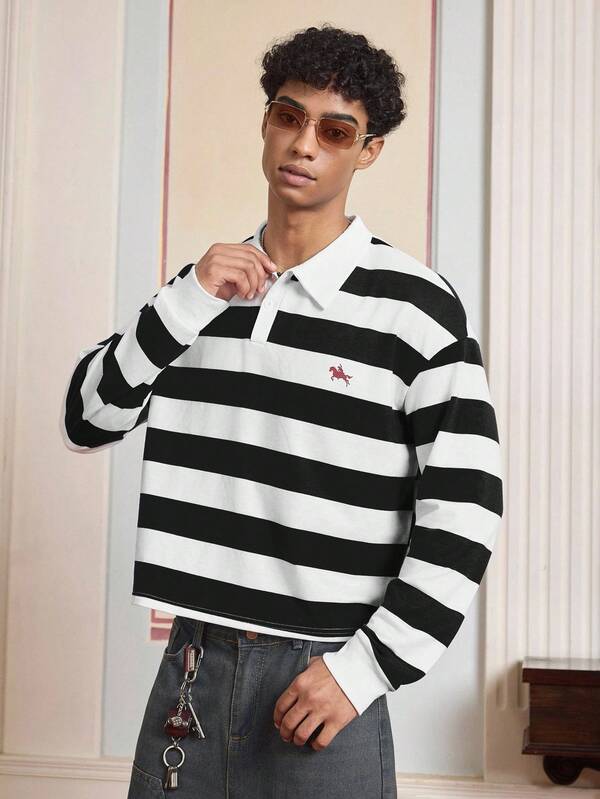 SWAVVY Camisa polo de manga larga a rayas para hombre, casual/de negocios