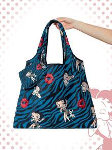 Betty Boop | ROMWE Large Capacity Foldable Tote Bag With Coin Pouch, Portable Shopping Bag - Royal Blue - View 9