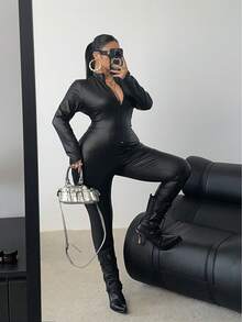 POPSWAY Plus Size Sexy Long Sleeve Tight Coated Leather Jumpsuit