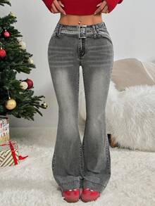 Rivivi Jeans slim fit con gamba a zampa di elefante, lavati, di stile casual e alla moda - Grigio Chiaro - Visualizzare 1