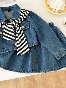 Genkimix Kids Jaket Denim Biru Vintage Kasual, Rok Mini Denim Model A-Line, dan Selendang Bergaris, Set 3 Potong Modis dengan Desain Gaya Kampus, Cocok untuk Gadis-Gadis Bergaya - Medium Wash - View 7