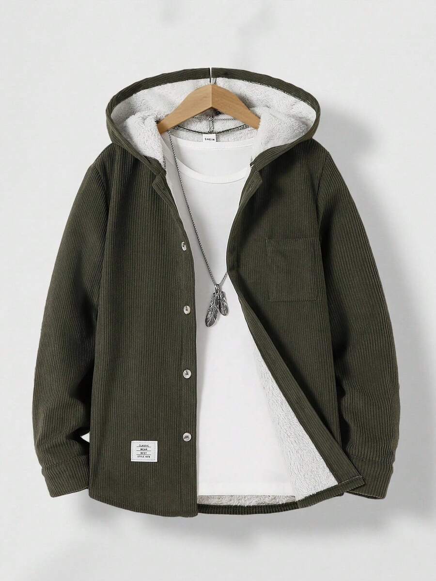 SHEIN Vacaura Tween Boy 基本款休闲灯芯绒连帽羊毛夹克 - 軍綠色 - 查看 1