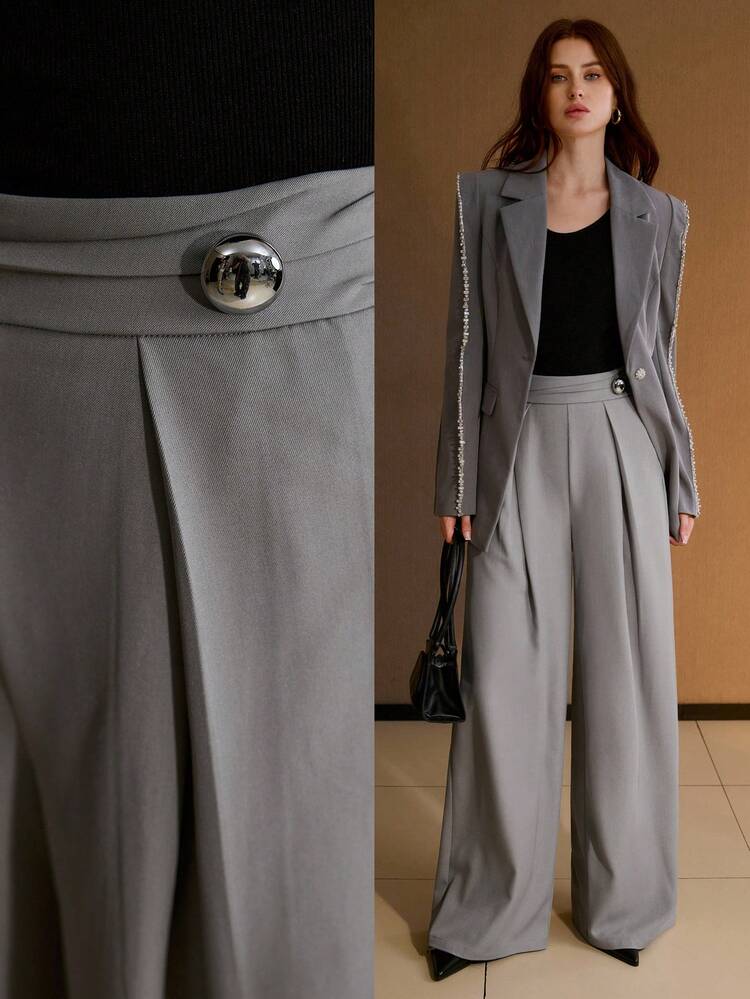 BUTTON DECOR FOLD PLEATED WAIST GRAY PANTS