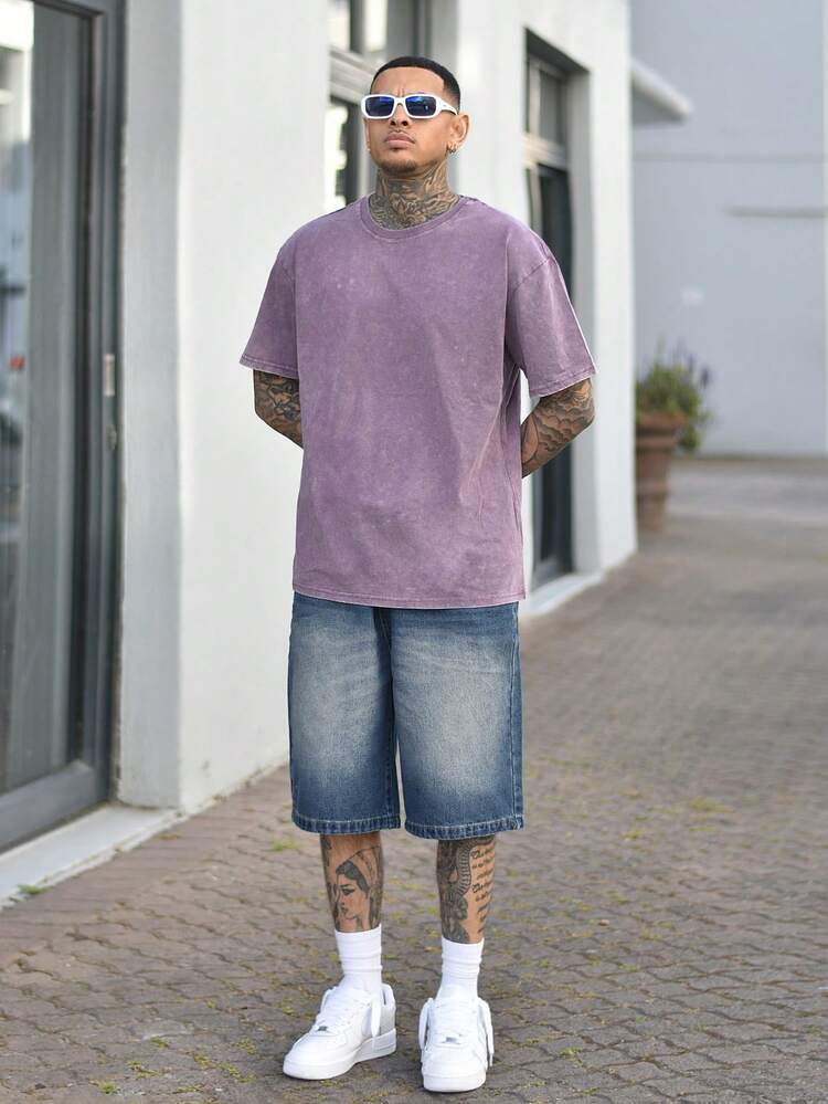 Devon Thys 男士水洗休闲风创意卡通图案短袖T恤，日常穿着舒适，适合夏季外出居家 - 紫色 - 查看 5