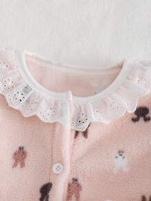 2pcs/Set Baby Girls Pajamas-Pajama Set Crew Neck Long Sleeve Top And Pants Pink Bunny Head Print Lace Collar Button Front Elastic Cuffs Four Season 2026 New Year Essential Baby Girls Clothes Baby Sleep Wear Set Baby Pj Set - Pink - View 5