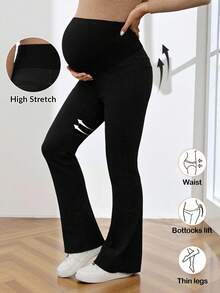 SHEIN Women's High Waist Flare Casual Versatile Jeans Winter Christmas New Year Thanksgiving Commuting Vacation Graduation Chic Y2k Cute Streetwear Coquette Party Wedding Elegant Business Casual Woman Stylish Black Maternity Bell Bottoms Supportive High Waist Flare Pants For Expecting Mothers High Waist Belly Support Maternity Pants Multi-Occasion Maternity Pants Simple Stretch Design All-Day Comfort Maternity Pants - Black - View 2