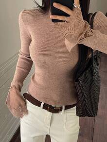 DAZY Lace Patchwork Slim Fit Women Pullover Sweater - Khaki - View 3